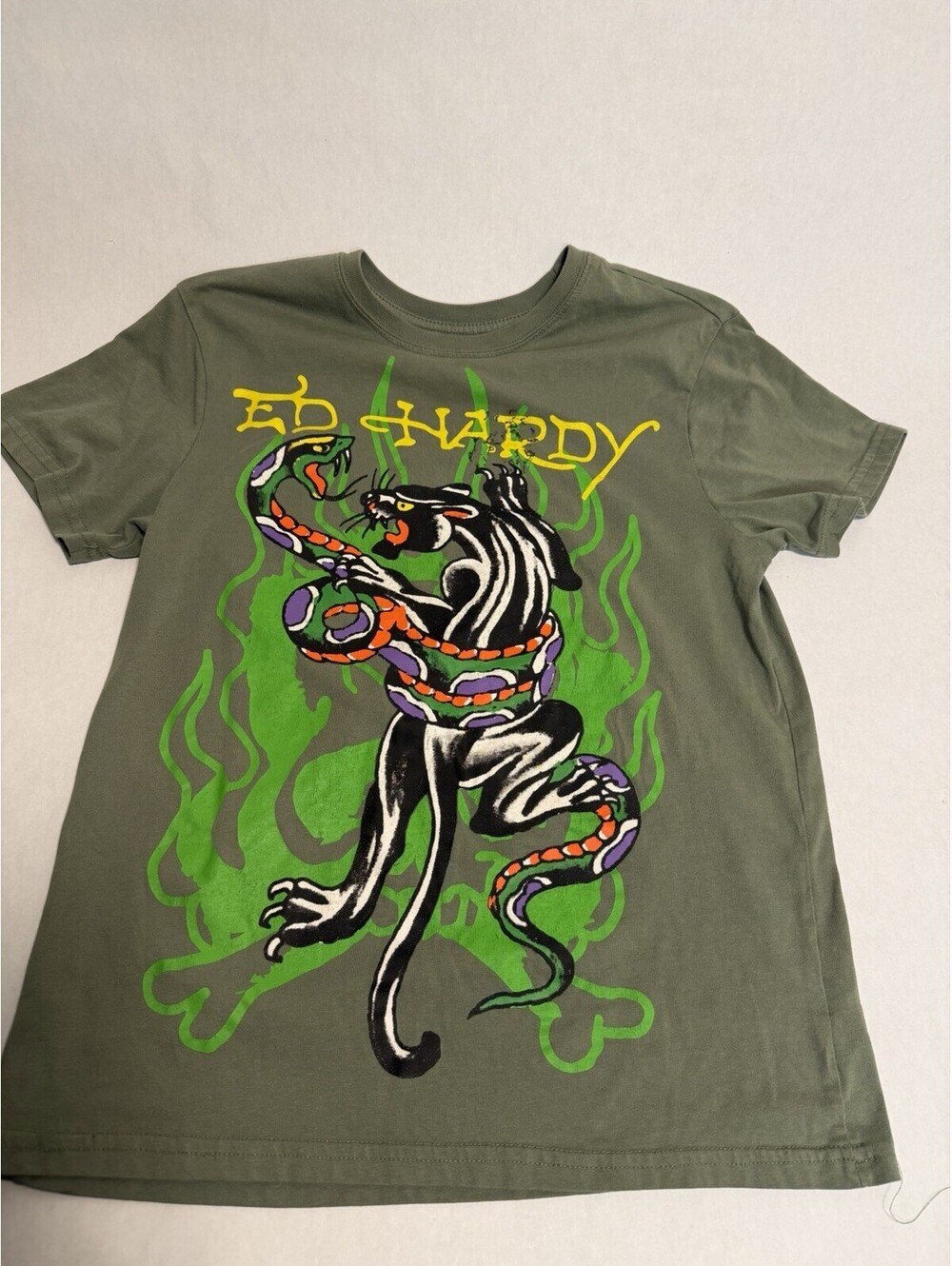 Ed Hardy Panther Snake T Shirt Mens Small Green Tattoo Graphic Front Back